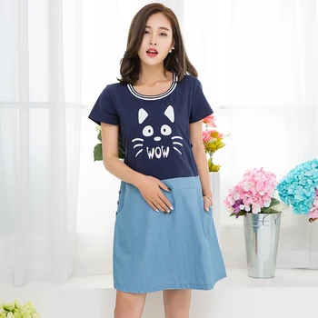 

Summer Nursing Knee Length Maternity Dress Short Sleeve Denim Cartoon Dress for Pregnant Women Breastfeeding Mother Clothes