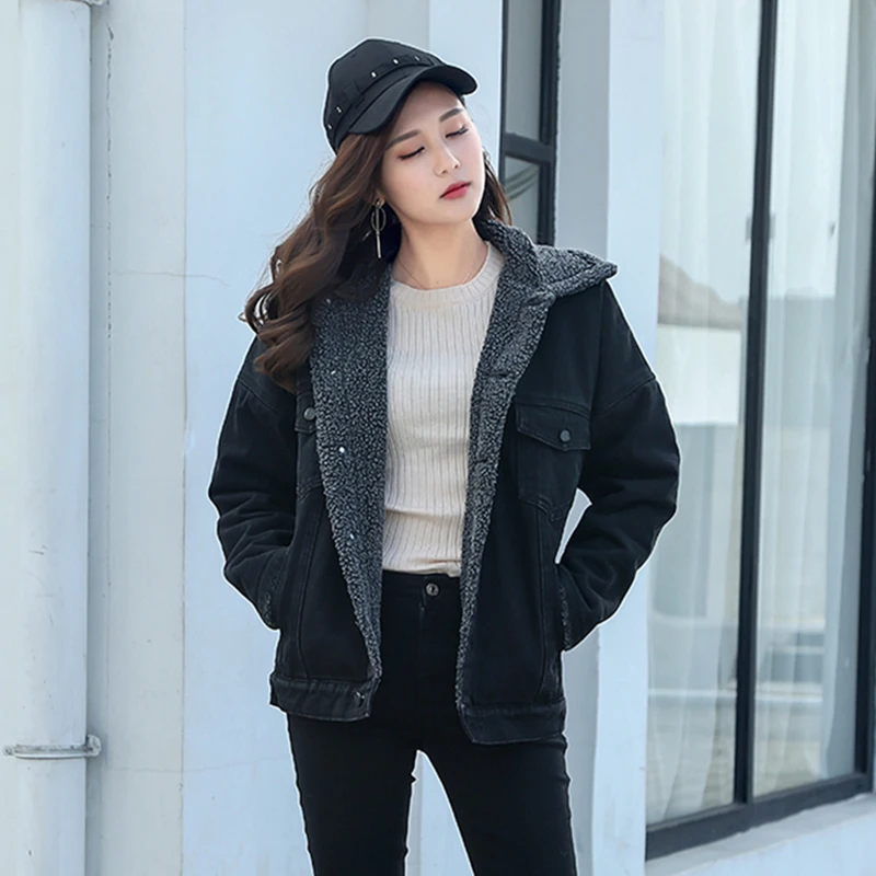2018 High Quality Women Lambswool Lining Jeans Jackets Black Bomber