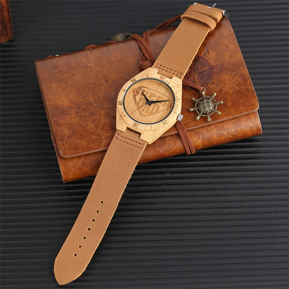 YISUYA Nature Bamboo Creative Watches SUPER DAD Face Nature Wood Wristwatch Men Quartz Genuine Leather Band Fashion Clock Gift  (6)
