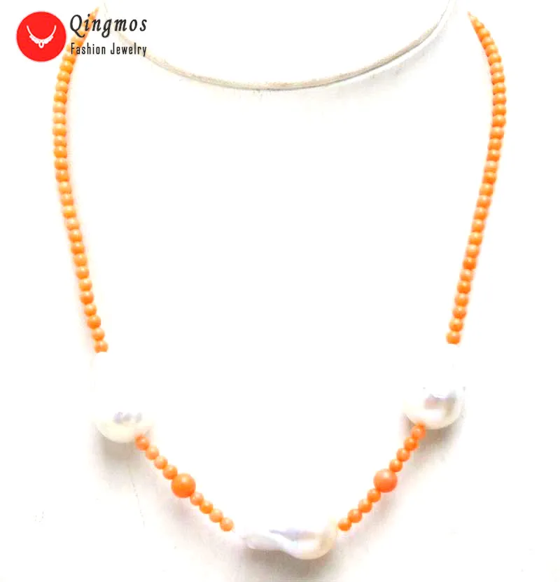 

Qingmos Natural Coral Necklace for Women with 3mm Pink Coral & 14*25mm White Baroque Nuclear Pearl Necklace Chokers Jewelry 6340