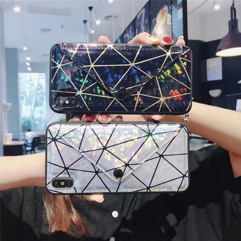 

Shiny laser PU Leather Case for iPhone XS Max X XR XS case Geometric pattern case for iPhone 7 8 6 6s plus case cover
