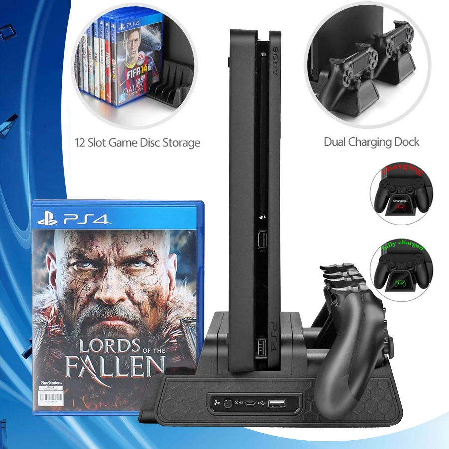 

PS4/PRO/Slim Stand+Cooler Cooling Fan+Controller Charger Charging Dock+Games Disc Storage LED Play Station 4 PS 4 Accessories