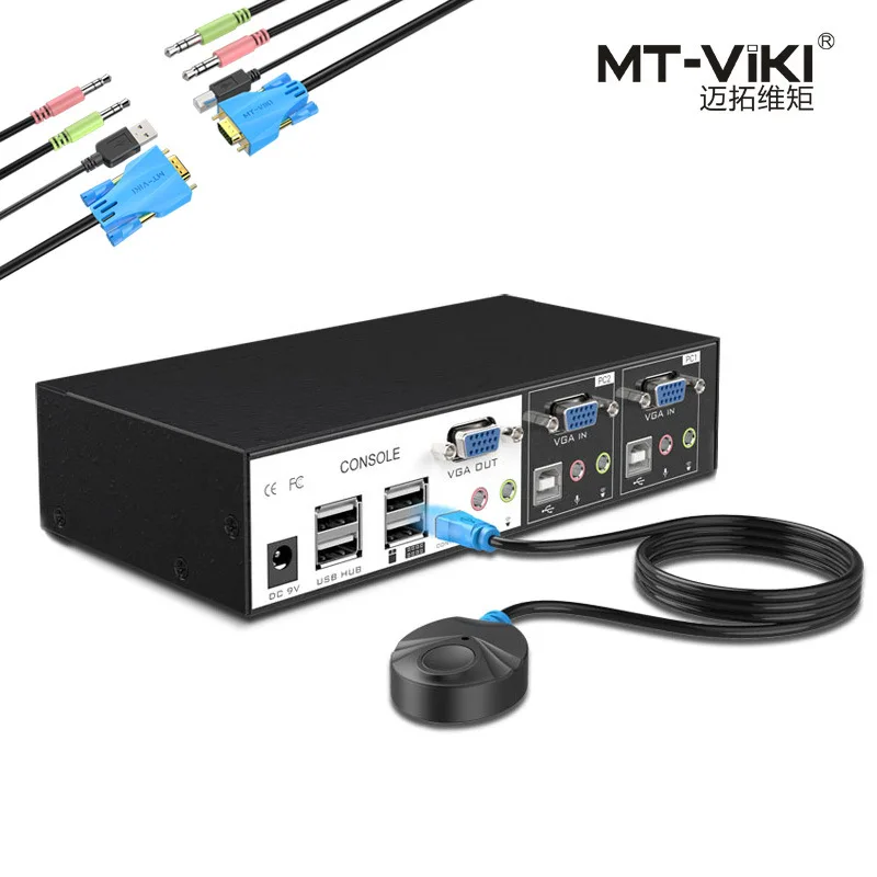 

MT-0201VK VGA Switch USB KVM Switch 2 Port Hotkey Wired Remote Control with Audio Mic Original Cable Power Adapter