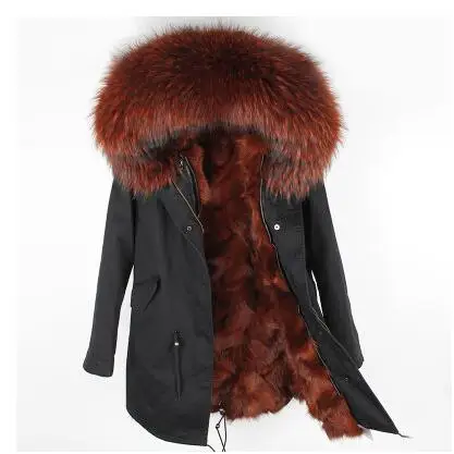 Зимняя куртка брендовый стиль черный большой енот меховой воротник пальто парки верхняя одежда длинный съемный лисий мех подкладка с капюшоном