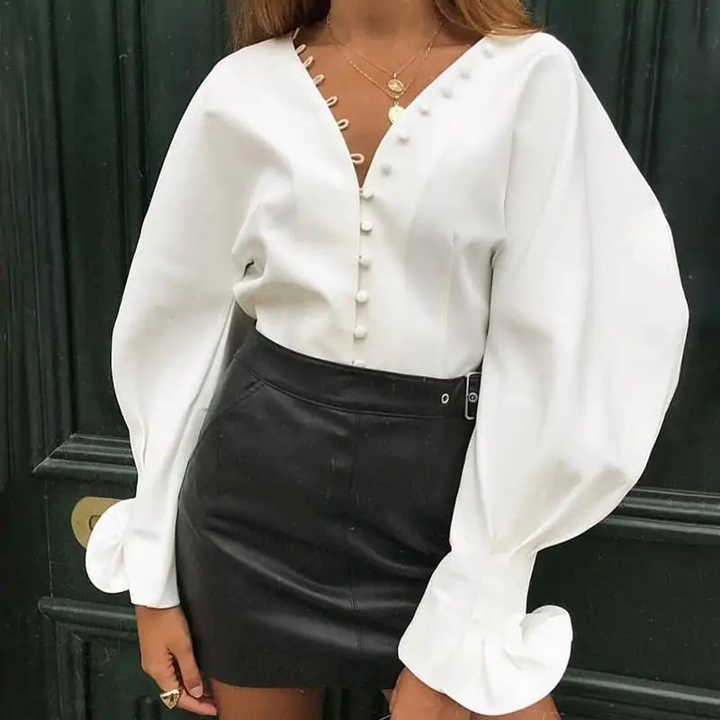 

2019 Spring White Chic Sexy V Neck Puff Sleeve Blouse Designer High Quality Female Summer Office Wear Shirt Tops