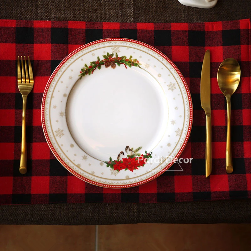 Рождественские декоративные тарелки/красная тарелка из костяного фарфора, обеденная тарелка/десертная тарелка, красные решетки, подстаканник, 1 шт./лот