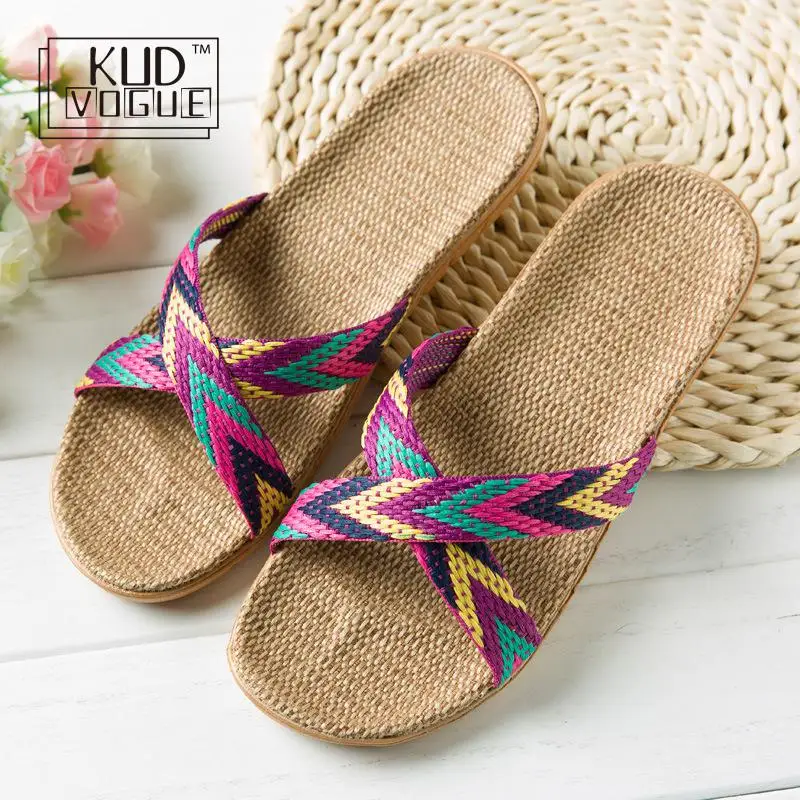 

KUDVOGUE Summer 22 Colors Flax Home Slippers Women 35-40 Large Size Slapping Beach Flip Flops Non-slip Female Comfort Slippers
