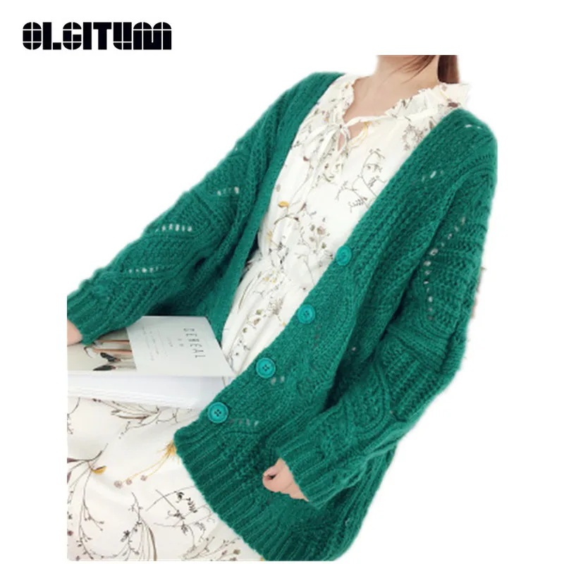 

New 2018 Spring and Autumn Korean Style Loose Batwing Sleeve Hollow Sweater Medium-length Sweater Cardigan Women SW927