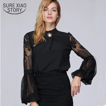 

2018 new long sleeve chiffon women's clothing sexy hollow women blouse shirt casual loose stand collar women tops blusas D79 30
