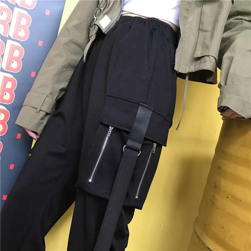 Хип хоп эластичные штаны с высокой талией для женщин Лоскутная ремень повседневное черные брюки Harajuku уличная шаровары для бега
