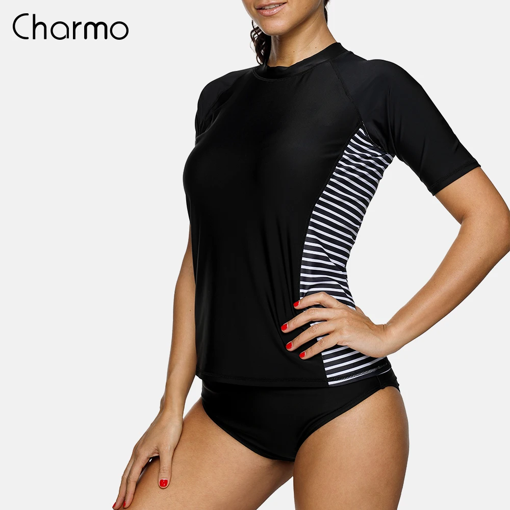 Charmo النساء قصيرة الأكمام المرأة Rashguard ملابس شريط طباعة ملابس السباحة تصفح أعلى تشغيل أعلى ركوب الدراجات قميص طفح حراس UPF 50