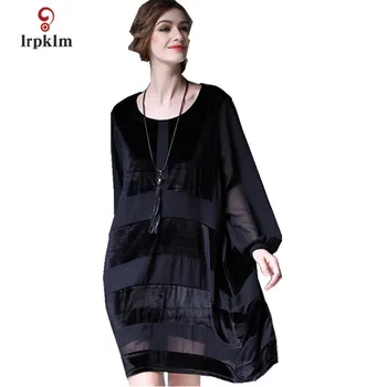 

2018 New Fashion High Quality Women Spring Autumn Dress Knee-Length Ladies Dresses Chiffon+Velvet Women's Loose Dresses PQ294