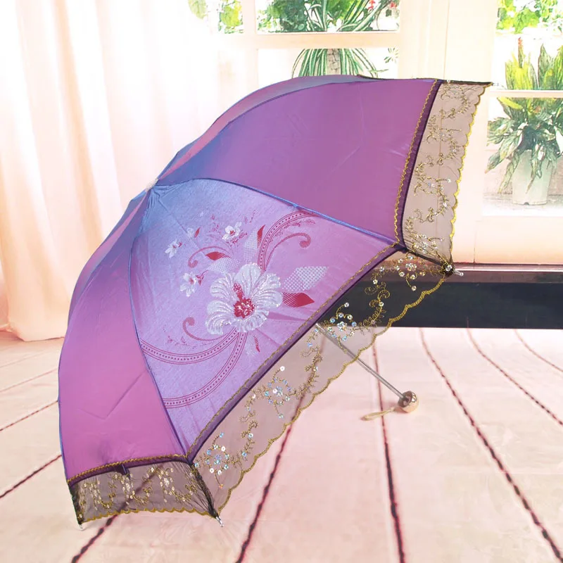 Aurora embroidery edge xb321 creative umbrella UV three folding umbrellas | Дом и сад