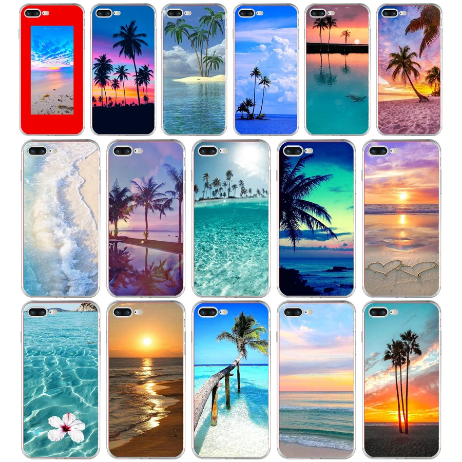 

283H summer Beach Scene at Sunset on sea Palm Tree Soft TPU Silicone Cover Case For Apple iPhone 6 6s 7 8 plus Case