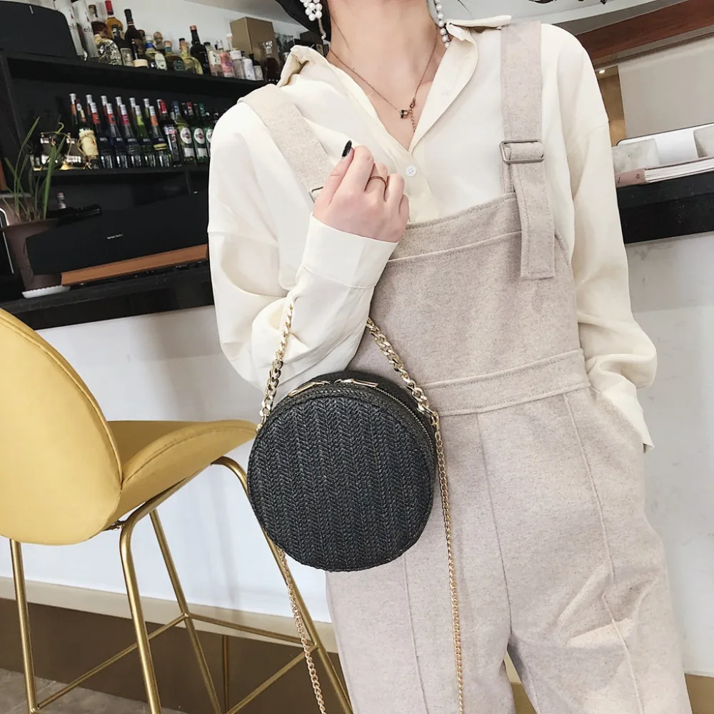 Round Straw Chain Bags Women Summer Rattan Bag Handmade Woven Beach Cross Body Bag Circle Bohemia Handbag Bali