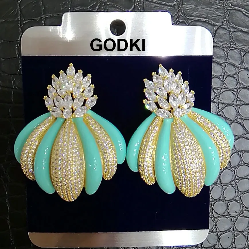

GODKI Famous Design Luxury Popular 3 Tone Flower Stud Earrings For Women Wedding Full Mirco CZ Cubic Zircon Trendy Jewelry 2019