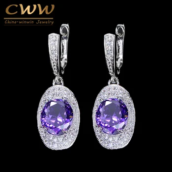 

CWWZircons Classic New Fashion Women Jewelry Purple Cubic Zirconia Stone Round Long Dangling CZ Earring with Easy Clasp CZ249