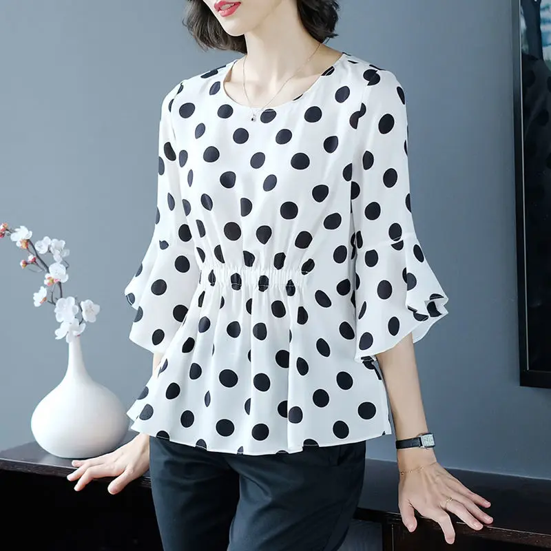 

Sexy Chiffon T-shirt Women Short Butterfly Sleeve Print Dot Round Collar Summer Chemise Loose Size 2019 Fashion Top Tshirt