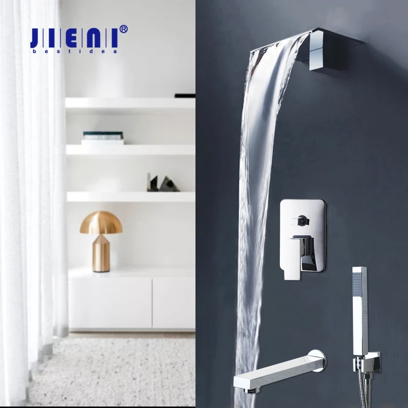 Bathtub Faucets Waterfall Spray Mixers Floor Standing Chrome Polished Silver Bathroom Shower Spa Furnitures
