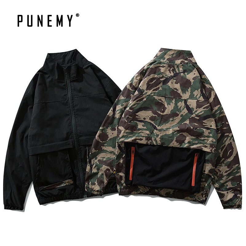 

Men Jackets Coats Windbreaks Back Pockets Camouflage Patchwork Hip Hop Streetwear Harajuku Oversize Stand-Collar Man's Jakcets