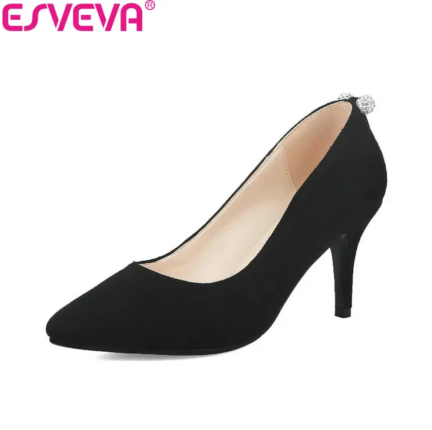 

ESVEVA 2018 Women Pumps Slip on Crystal Elegant Thin High/med Heel Pointed Toe Elegant Wedding Pumps Women Shoes Size 34-40
