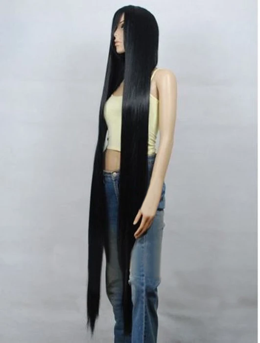 80 см, 100 см, 120 см, 150 см, 200 см, черные длинные прямые Термостойкие волосы, косплей, костюм, парик+ шапочка для парика
