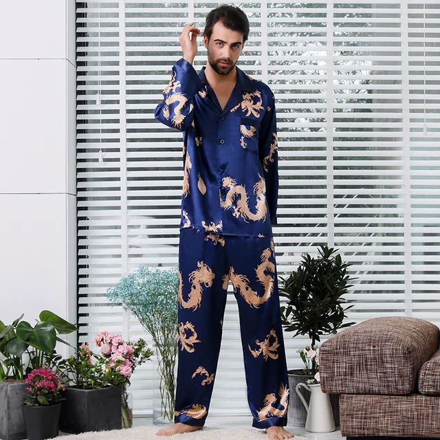 Men Silk Pajamas Pyjama Set Couples Chinese Style Dragon Dragon Pattern Two Piece Sleepwear