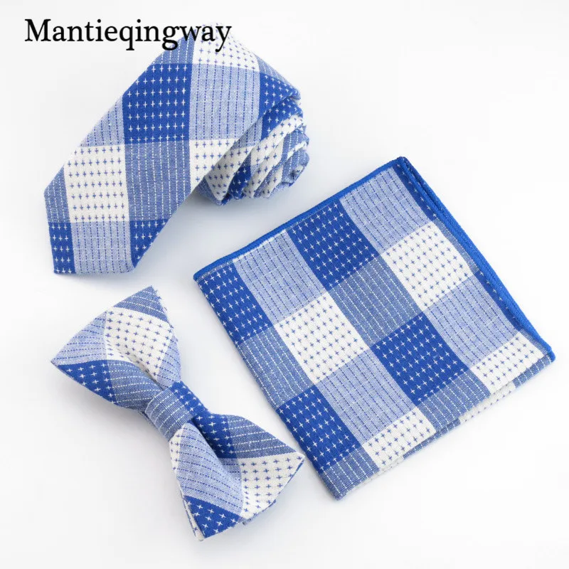  Mantieqingway Fashion Handkerchief Necktie Bow Tie Set Cotton Jacquard Men Plaid Bow Tie Pocket Squ