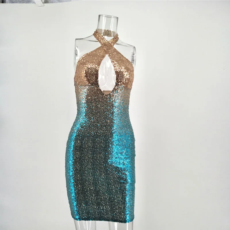 Sexy Sequin Dress Spring And Summer Sleeveless Fashion Halter Backless Dresses Evening Party Dress Vestidos - Цвет: Photo Color