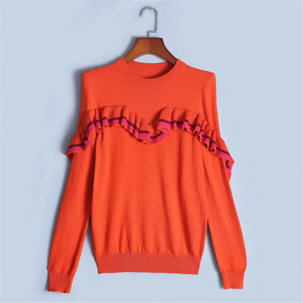 

Tunjuefs Color Block Striped Sweater Women Jumper Elegant Ruffles Pullovers Long Sleeve Knitted Top Pull Femme Autumn Winter
