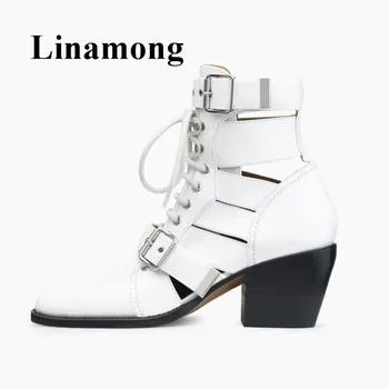 

Newest Summer Spring Buckle Design Pointed Toe And Chunky Heel Lace Up Six Color Genuine Leather Women Ankle boots