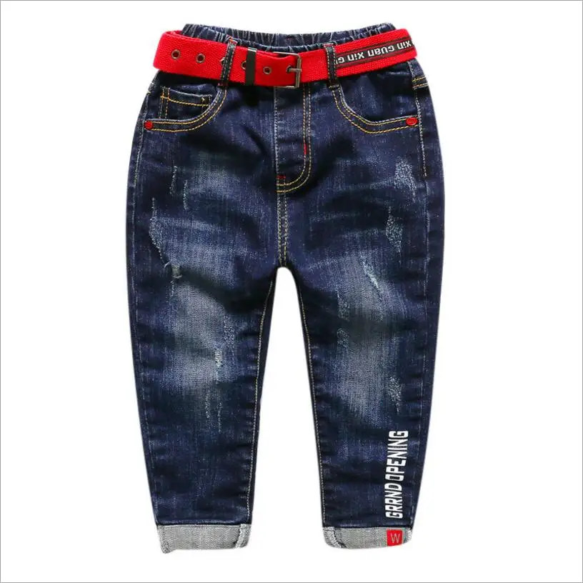 

2018 New Children's jeans boy fashion letters printed hole pants pants kids baby spring autumn belt jeans size 110-160