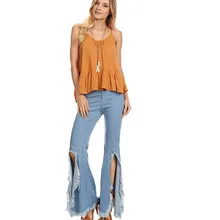 Женские джинсы с кисточками, высокая талия, расклешенные джинсы для женщин, Необычные повседневные джинсы, джинсовые расклешенные брюки, модные брюки для женщин