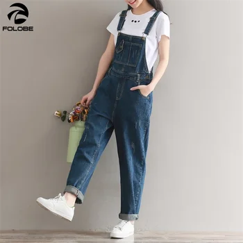 

FOLOBE Retro washed denim straps wide-legged slacks denim jumpsuit with buckles pockets