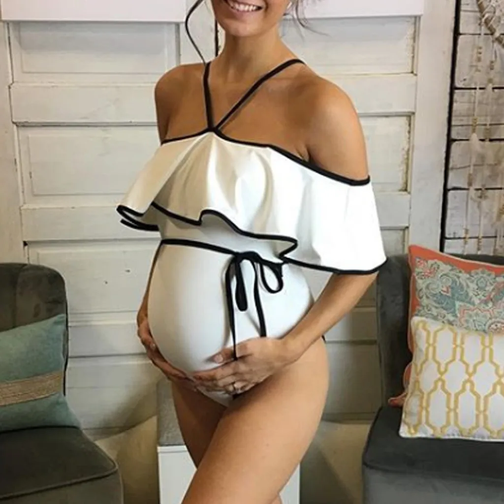 

Women Maternity Swimsuit Sexy One Piece Swimsuit Women Maternity Ruffle Sleeve Bikini Swimwear Pregnant Beachwear