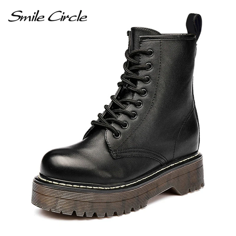 Sonrisa círculo Size36-41 grueso botas de moto para mujer Otoño de 2018 de moda del dedo del pie redondo de encaje botas de combate zapatos de las señoras - 1