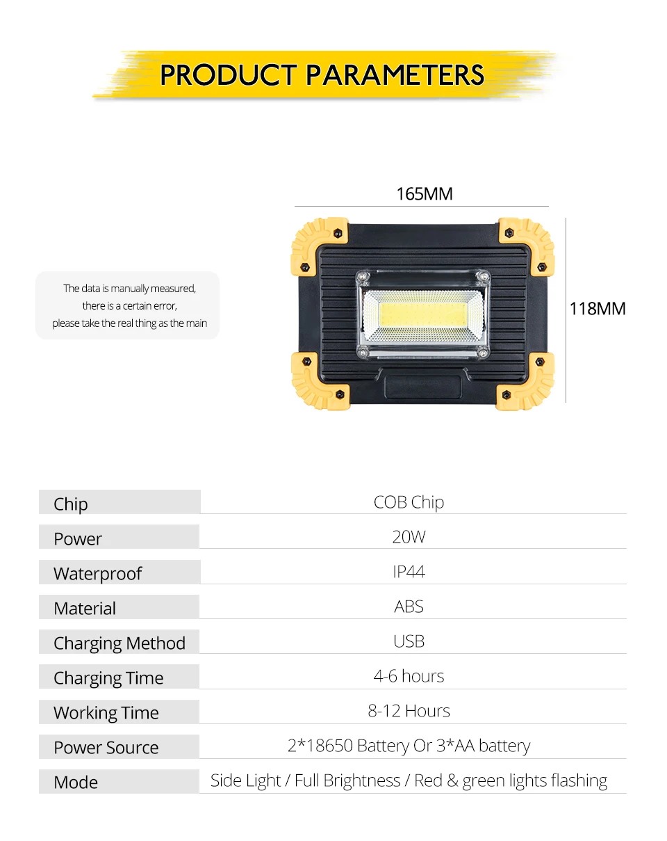 Rechargeable 20W COB LED Flashlight Work Light Lantern Flood Light USB Power Out Torch For Camping Tent Hand Lamp Car Repair (3)