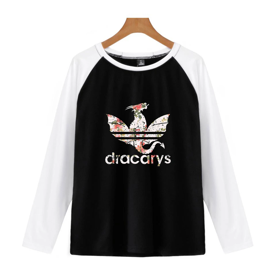 

Kpop Game of Thrones Dracarys Raglan Men Tshirt Long Sleeve Shirt Off Black And White Harajuku Women 2019 Men's Top Tees 4XL
