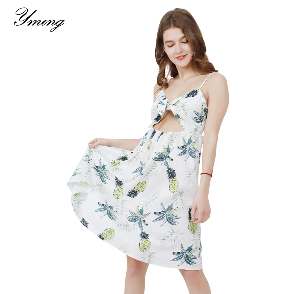 

YMING Boho Dress Women Floral Print Swing Dresses Party Beach Sundress Sexy White Strappy Bowkont Dress Vestidos Women Clothes