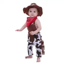 3 шт. = 1 компл.. ковбойский комбинезон костюм младенческой для маленьких мальчиков и девочек комплект одежды шляпа + шарф комбинезон на день