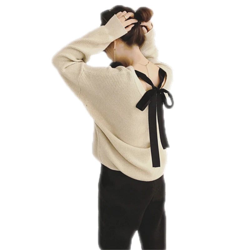 

2019 Spring Autumn Women Sexy V Neck Knitwear Sweater Female With Open Back Lace Up Bow Loose Knitted Sweater Pullovers Tops Q23