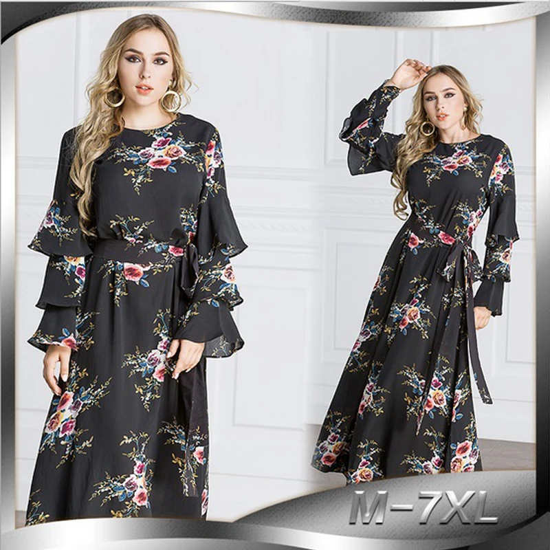 

Elegant Maxi Dress Abaya Print Flower Plus Size Muslim Long Robe Gowns Loose Style Middle East Moroccan Arab Islamic Clothing