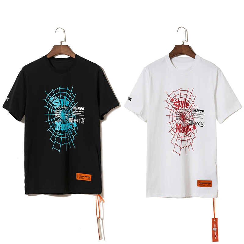 

Heron Preston Blue Red Spider Web "Style" Magic Printed Tshirts HP Black White Men Hip Hop Cotton Tshirt Letter Embroidery Tees