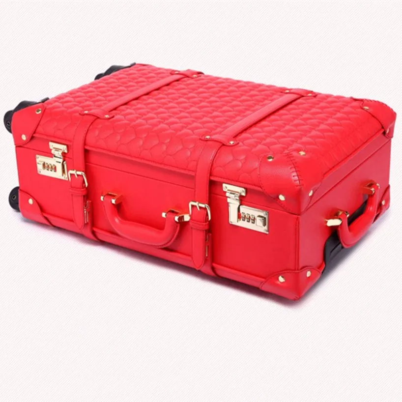 Багаж 22, 24 дюйма, винтажный чемодан на колесиках для путешествий, чемодан из полиуретана, красный, для бракосочетания с замком TSA, сумка для макияжа невесты на колесиках