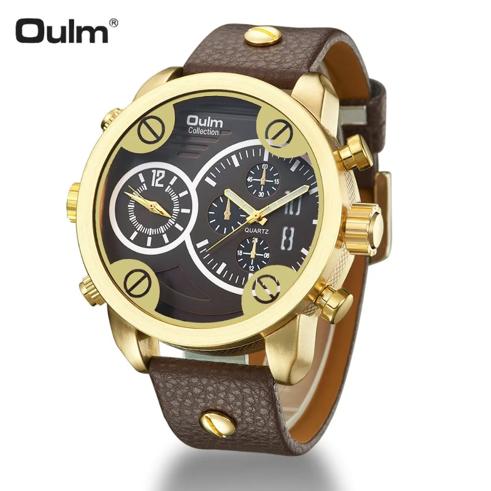 

OULM Fashion Casual Watch Men Quartz Clock 2 Time Zone Multifunction Leather Strap Big Size Top Brand Luxury Sporty Wristwatches