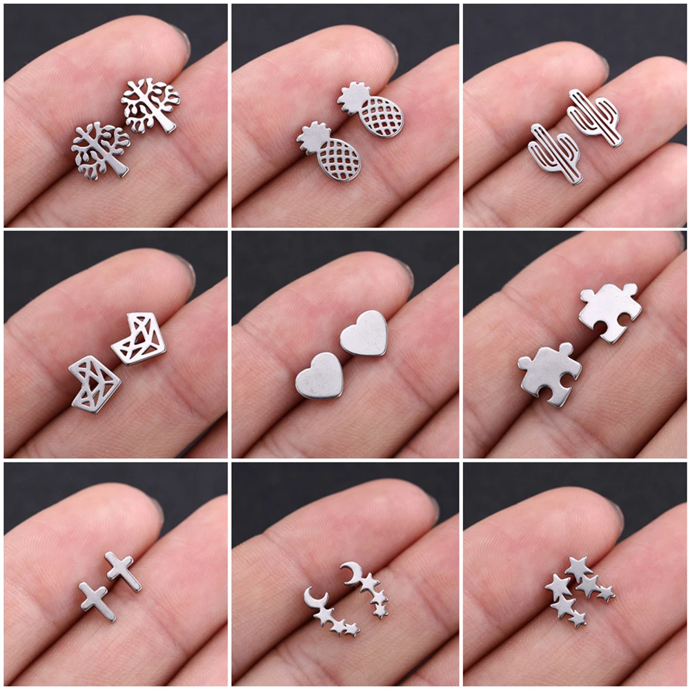 

Teamer Stainless Steel Stud Earrings Bohemian Fashion Geometric Heart Star Moon Airplane Tree Cross Earring Gift for Women Girl