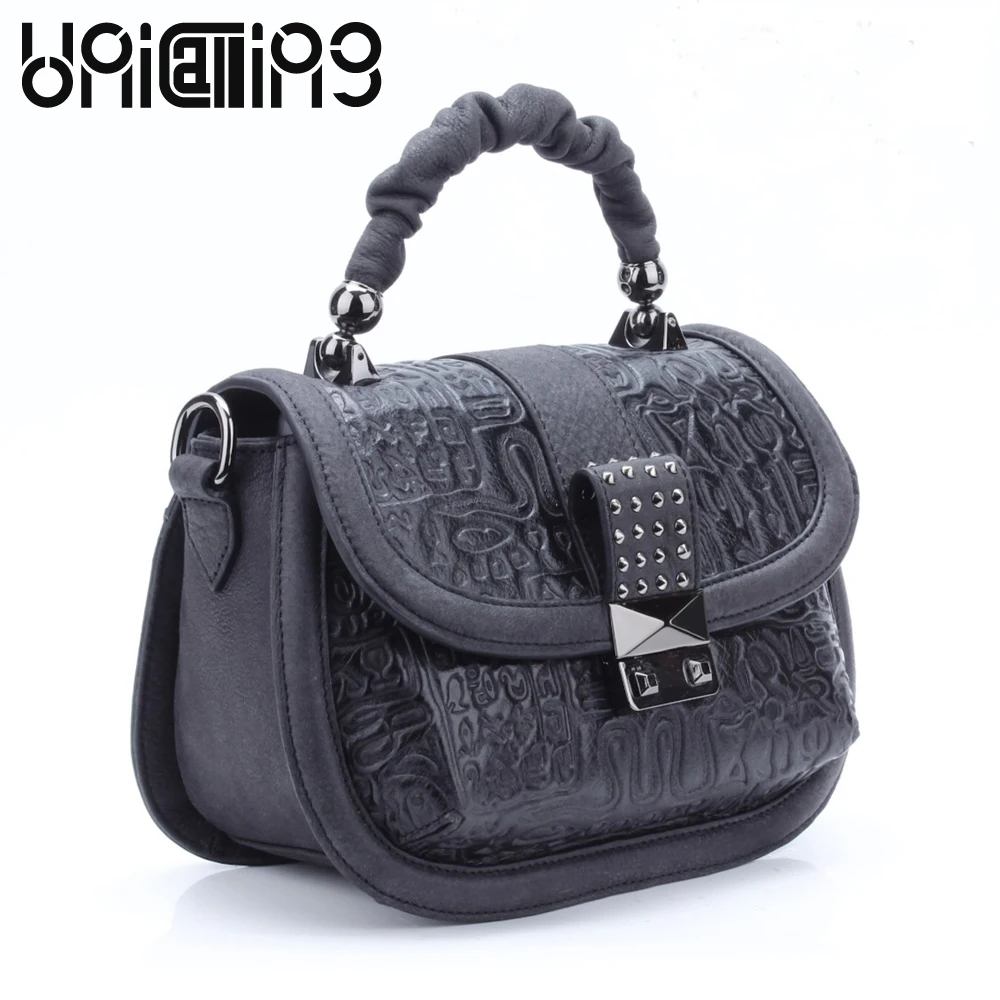 

UniCalling New style cow leather Retro Oracle luxury handbags women bags designer rivet Genuine Leather bags for women 2018