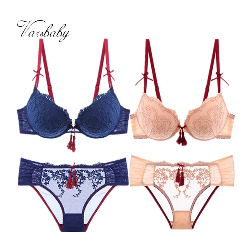 

Varsbaby Sexy Lace Bow Underwire 3/4 Cup Floral Embroidery Push Up 2 Bra Sets/Lot