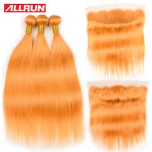 Allrun Pre-Colored Orange Human Hair Weave with Frontal Remy 2/3 Bundles With 13*4 Lace Closure Deals Brazilian Straight Hair