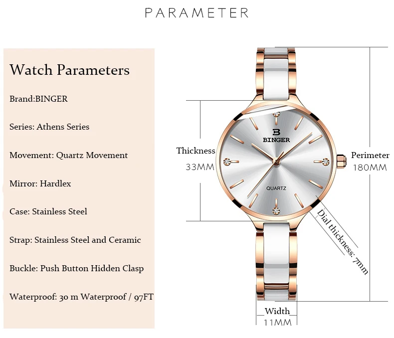 Швейцария BINGER 7 мм ультратонкий кварцевые часы дамской одежды розовое золото керамические наручные часы женские водонепроницаемые Montre Femme